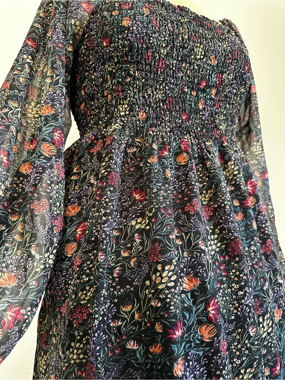 Black Floral Smocked Dress Multicolor Blooms Boho Maxi Cottagecore Plus Size